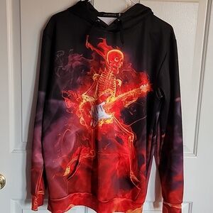 John Hancock, XL men's hoodie, black with flaming red skeleton with guitar.